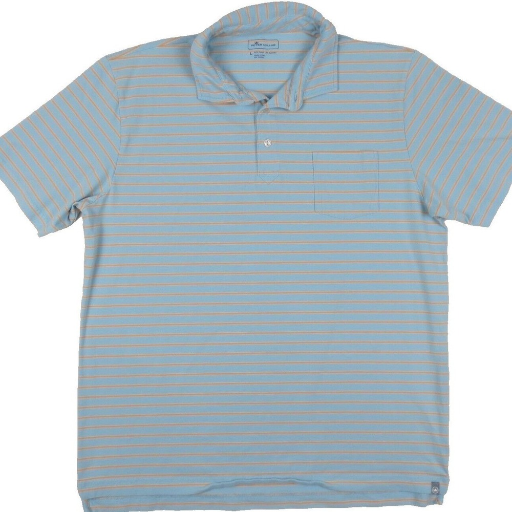 Peter Millar Polo Shirt Mens Large Blue Orange Stripe Short Sleeve Golf Preppy
